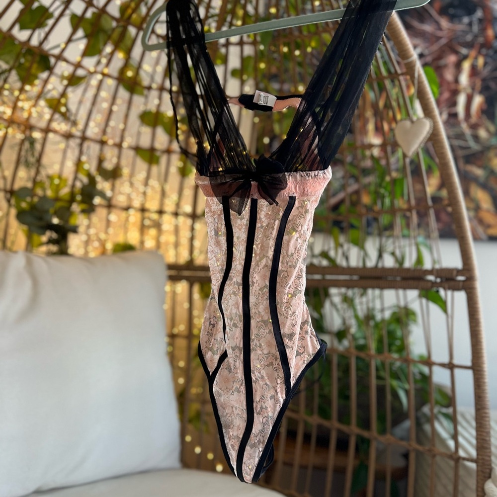 Shirley of Hollywood Pink Floral Lace Bodysuit with Black Trim